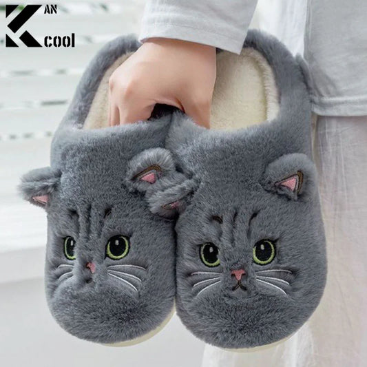 Cute Cat Plush Slippers - Fluffy Winter Indoor Home Shoes for Women & Men with Cozy Furry Design
