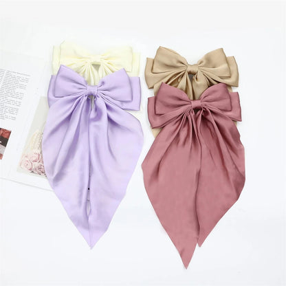 8 Ladies Satin Ribbon Bow Hair Clips – Oversized White, Pink, Red, Blue, Black Long Tail, Spring Clip for Ponytail Hair Accessories
