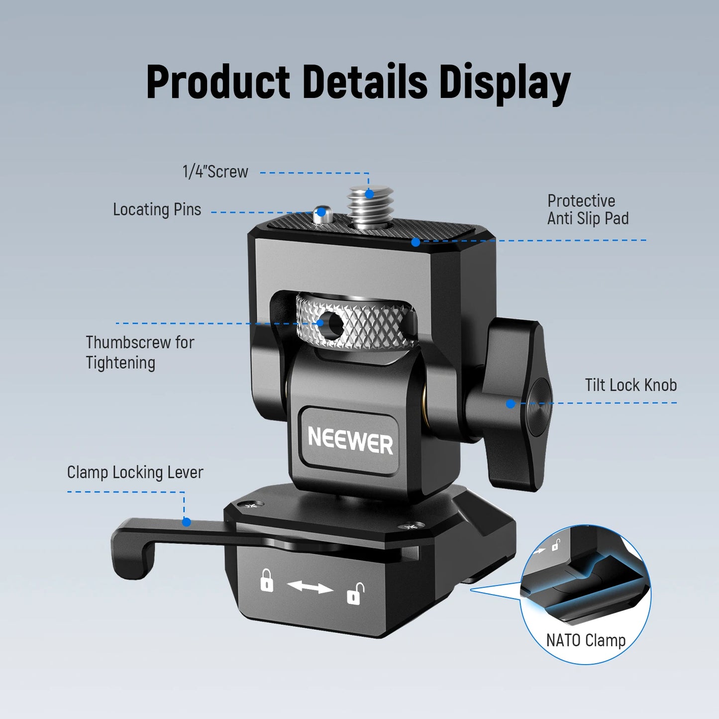 NEEWER Adjustable Camera Clamp – Monitor Mount with Cold Shoe, Anti-Twist 1/4" Screw for Flash & DIY Accessories