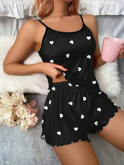Women’s Heart Print Pajama Set - Two Piece Suspender Top & Shorts Casual Sleepwear Loungewear