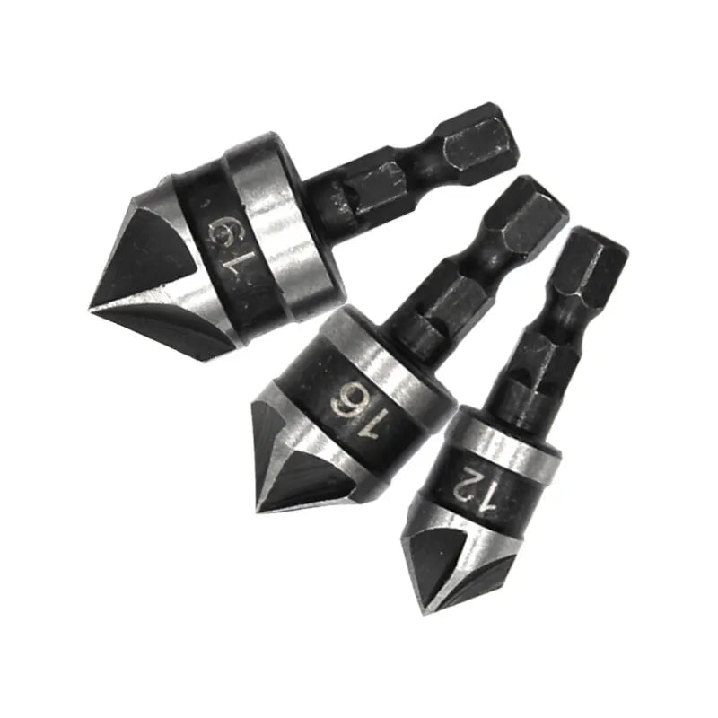 3PCS Hex Shank 90° Chamfer Drill Bit Set – 5-Blade Countersink Tool Kit 12/16/19mm for Woodworking Hole Opening