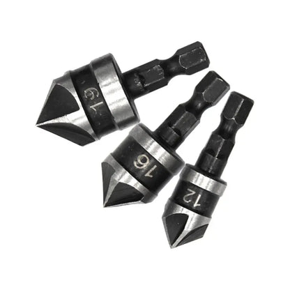 3PCS Hex Shank 90° Chamfer Drill Bit Set – 5-Blade Countersink Tool Kit 12/16/19mm for Woodworking Hole Opening