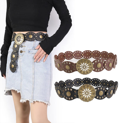 New Retro Western Cowboy Belt – Personality Round Hollow Metal Wide Belt for Women