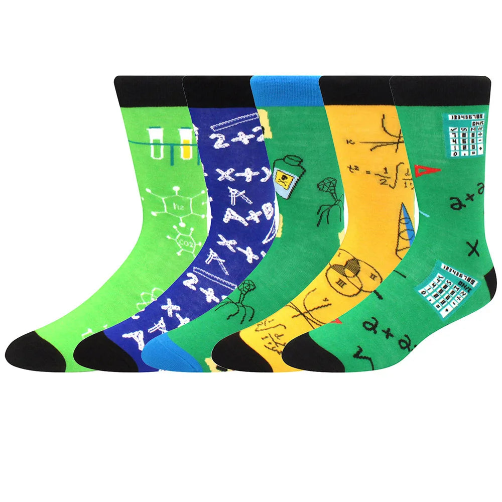 5-Pair Combed Cotton Novelty Crew Socks - Funny Skateboard Casual Socks for Men & Women