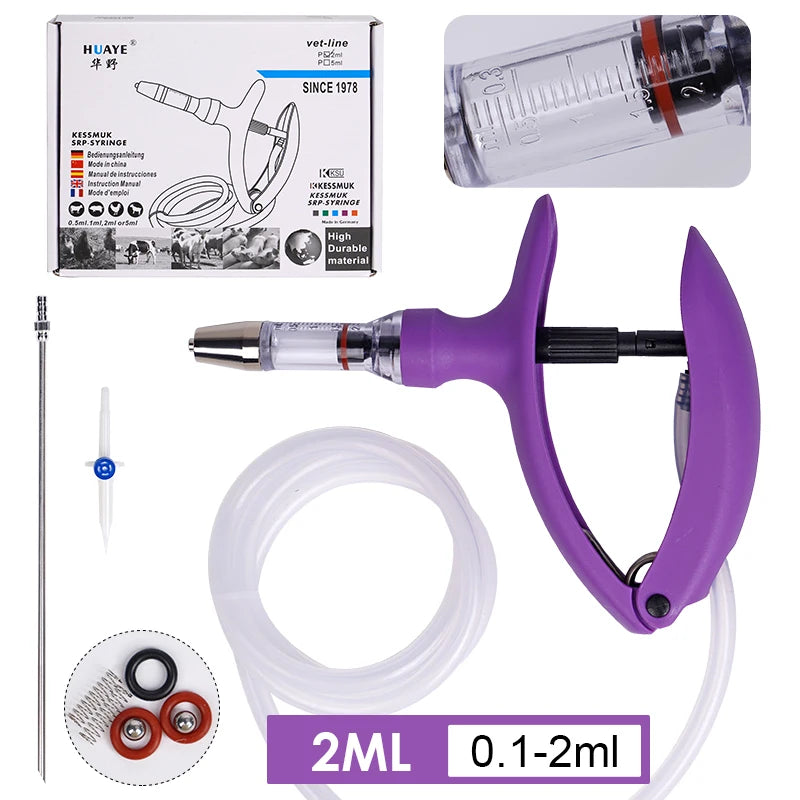 2ml/5ml Veterinary Animal Syringe - Continuous Injector with 10 Needles for Cats, Chickens, Sheep, Farm Use