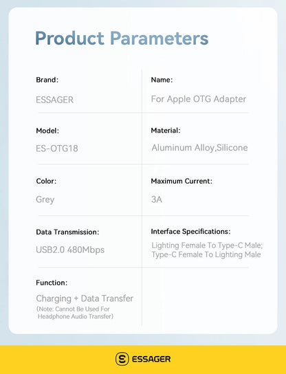 Essager Lightning to Type-C Adapter – 3A Fast Charging iOS Female to Type-C Male Connector for iPhone 15/14/13 Pro, iPad Converter