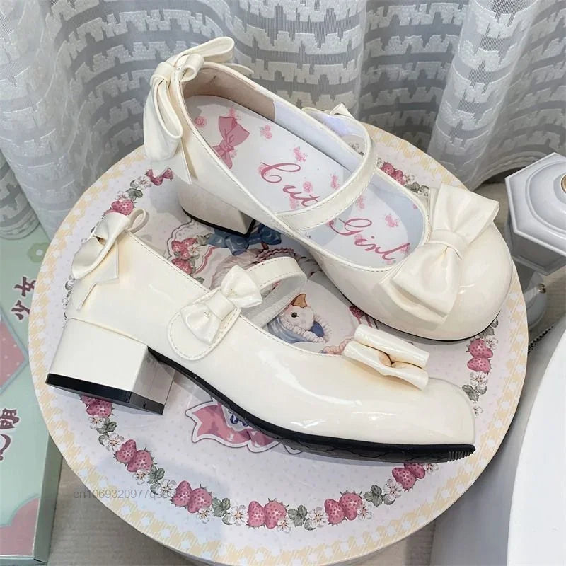 2024 Lolita Style Round Toe Mary Jane Pumps – Cute Bow Midi Heels for Women, Sweet Party PU Shoes