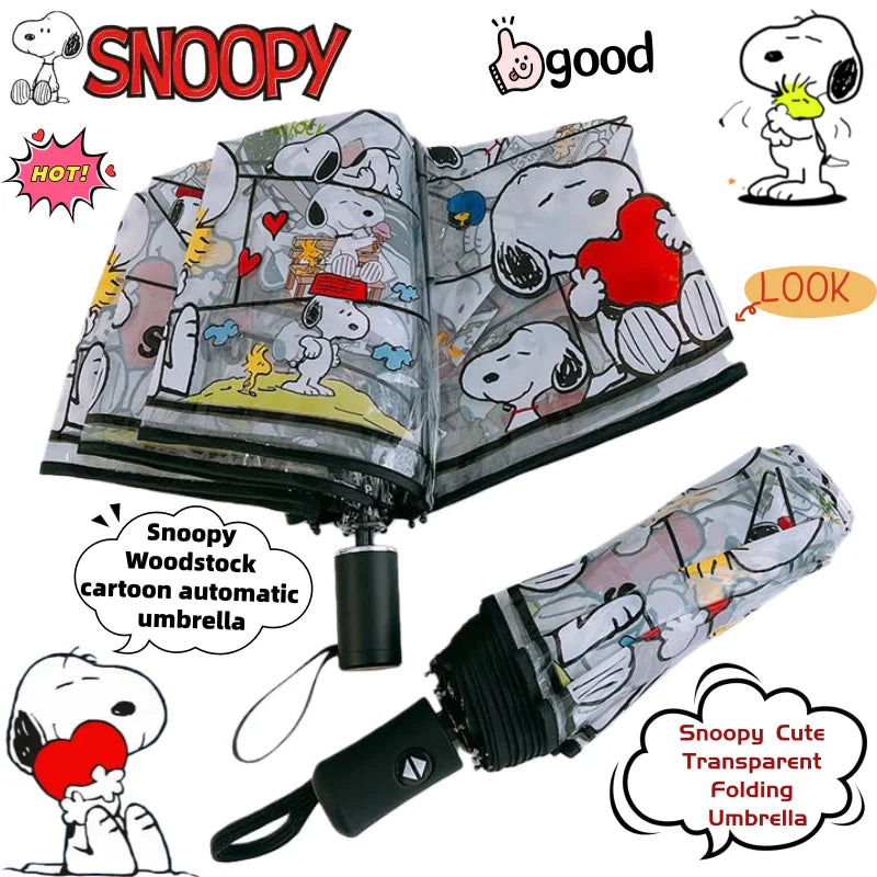 Snoopy Woodstock Folding Umbrella - Transparent Automatic Cartoon 3-Fold Rain Umbrella Gift