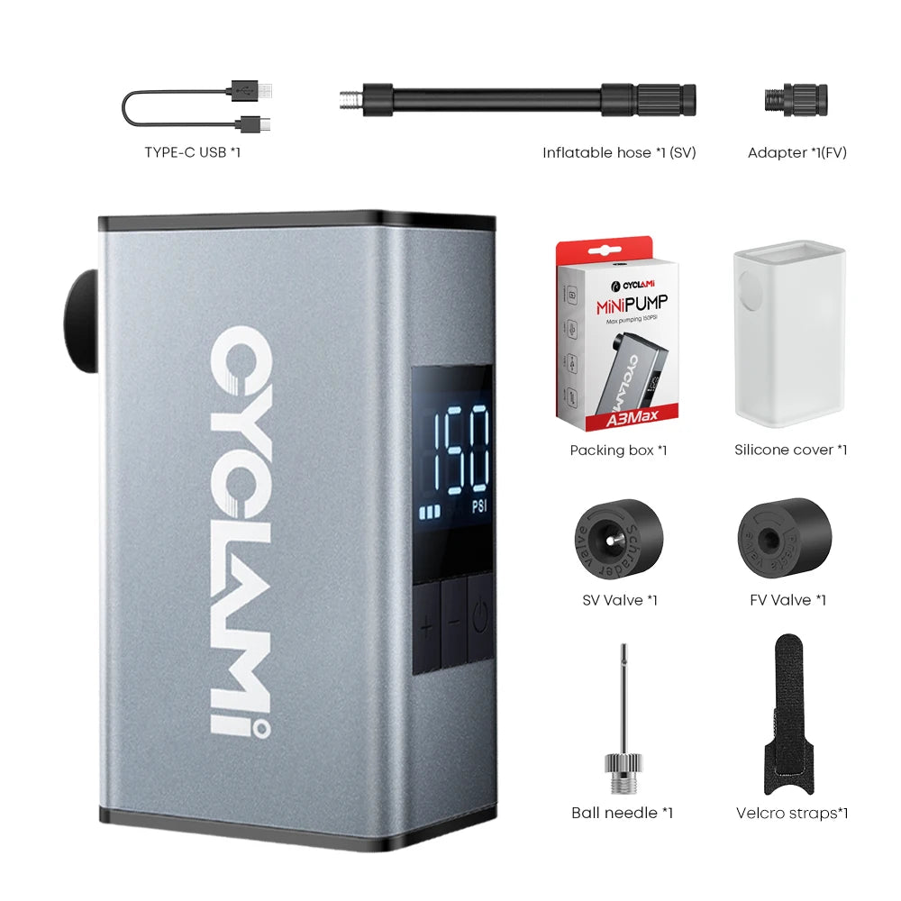 CYCLAMI A3 MAX Aluminum Electric Bike Pump — 150 PSI Portable Rechargeable Tire Inflator for Schrader & Presta Valves