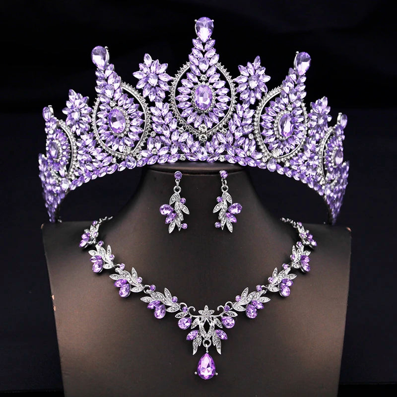 Rhinestone Bridal Tiara Jewelry Set - Wedding Crown with Necklace and Earrings for Women