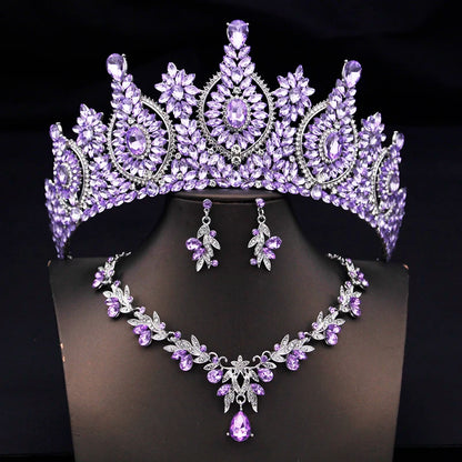 Rhinestone Bridal Tiara Jewelry Set - Wedding Crown with Necklace and Earrings for Women