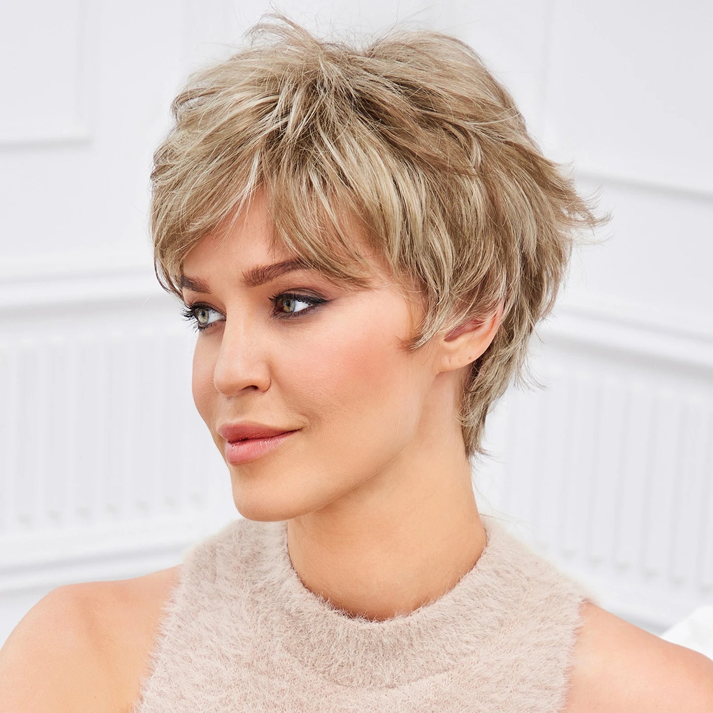 Light Blonde Mixed Off-White Pixie Cut Wig for Women – Bangs with Kanekalon Human-Hair-Like Texture, Natural Layered Hair