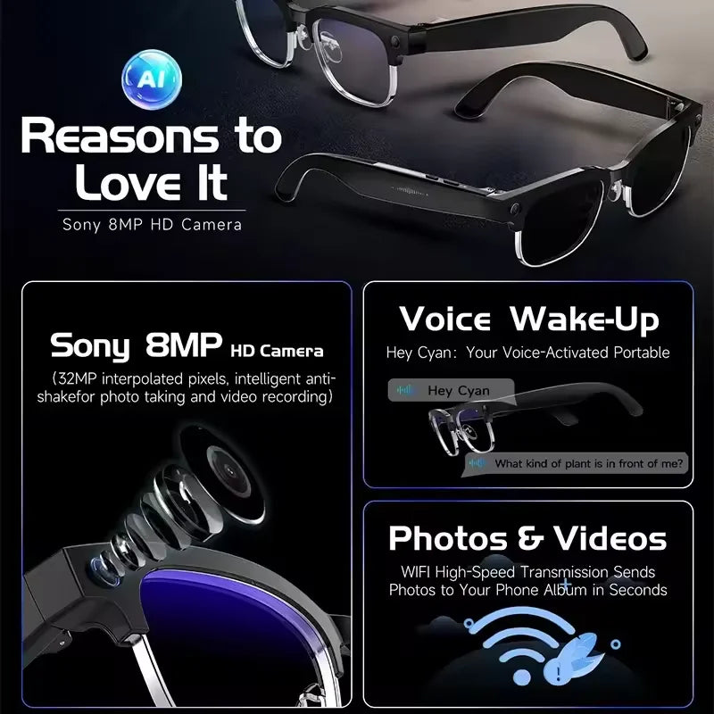 2026 AI Smart Glasses with 120+ Language Translation – 800W Camera, 8K Video, Music & Call Functions, Color-Changing Business Glasses for Men