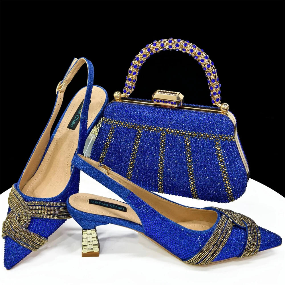 Venus Chan Women’s Champagne Shoe & Bag Set - Rhinestone Heels and Handbag for Nigerian Parties & Weddings