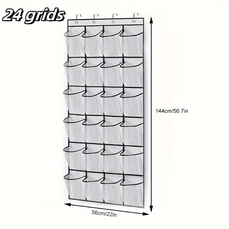24-Grid Wall-Mounted Shoe Organizer – Fabric Closet Storage Rack with Mesh Pockets, Clear Hanging Over-the-Door Cloth Bag