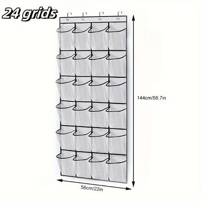 24-Grid Wall-Mounted Shoe Organizer – Fabric Closet Storage Rack with Mesh Pockets, Clear Hanging Over-the-Door Cloth Bag