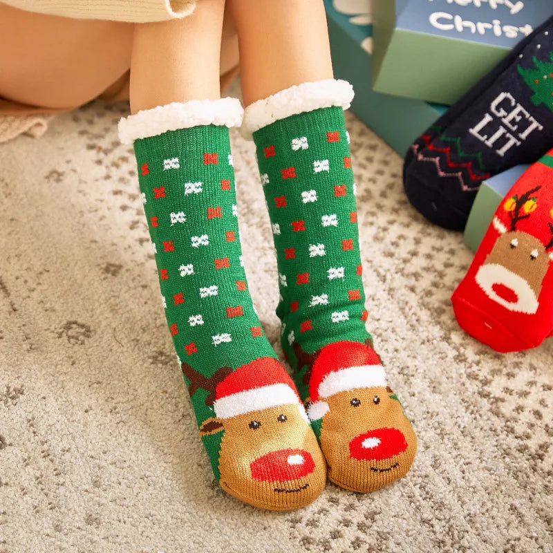 Women’s Winter Plush Socks – Soft Fuzzy Non-Slip Floor Slippers with Penguin, Deer, Elk & Bear, Cozy Christmas Gift
