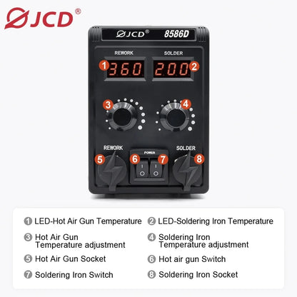 JCD 8586D 2-in-1 750W Soldering Station with Hot Air Gun – LCD Digital Display Electric Soldering Iron for SMD Welding & Rework