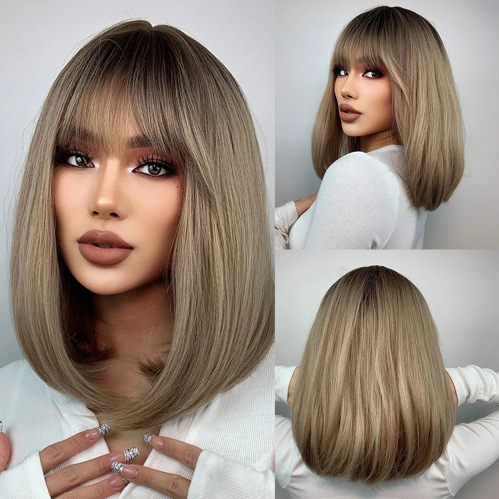 Short Bob Platinum Blonde Wig with Bangs – Synthetic Straight Hair, Heat-Resistant Wig for White Women, Daily & Party Wear