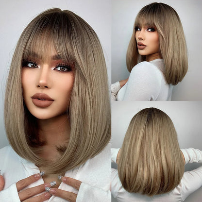 Short Bob Platinum Blonde Wig with Bangs – Synthetic Straight Hair, Heat-Resistant Wig for White Women, Daily & Party Wear