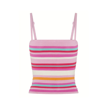 Women’s Y2K Vintage Striped 2-Piece Set – Sleeveless Cami Tank Top & Fold Over Shorts Summer Loungewear Vacation Outfit