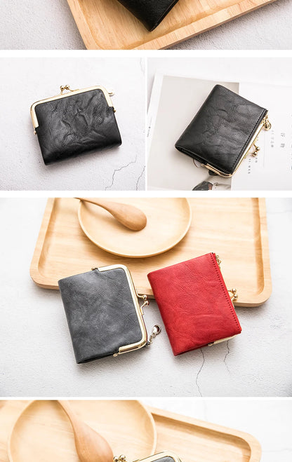 MIYIN Women’s Small Wallet – RFID Compact Bifold Leather Coin Purse with Zipper & Kiss Lock, Vintage Design