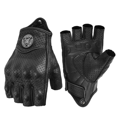 MJMOTO Retro Leather Motorcycle Half Finger Gloves – Touchscreen Motocross Gloves with Hard Shell Protection, Breathable Design