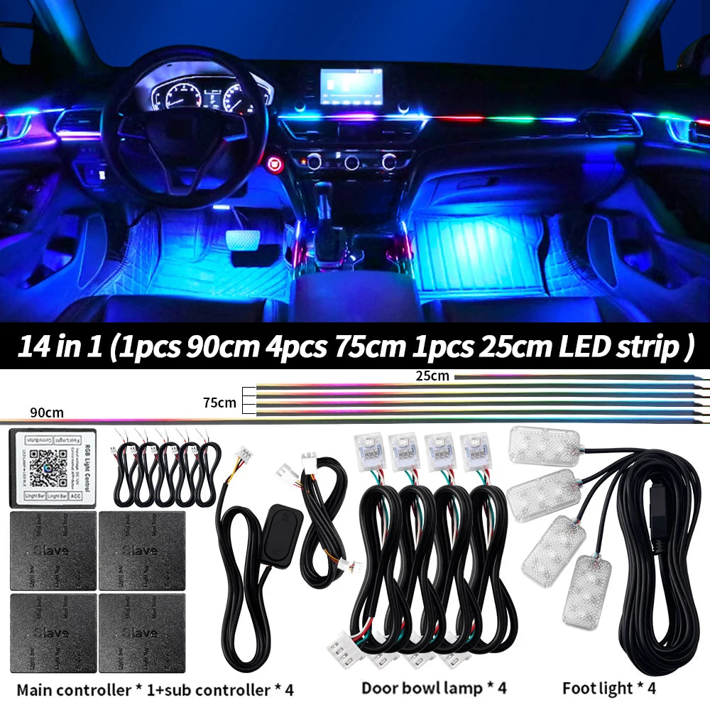 6/10/14/18 in 1 RGB LED Car Ambient Light - APP Controlled Acrylic Interior Atmosphere Strip with 64/213 Color Symphony Lighting