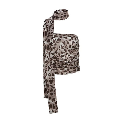 Women’s Tulle Leopard Print Off-Shoulder Top – Summer Casual Bandeau Blouse with Straight-Cut Neckline