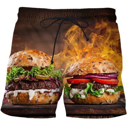 3D Sausage Print Beach Shorts - Funny Food Graphic Elastic Waist Swim Trunks for Men