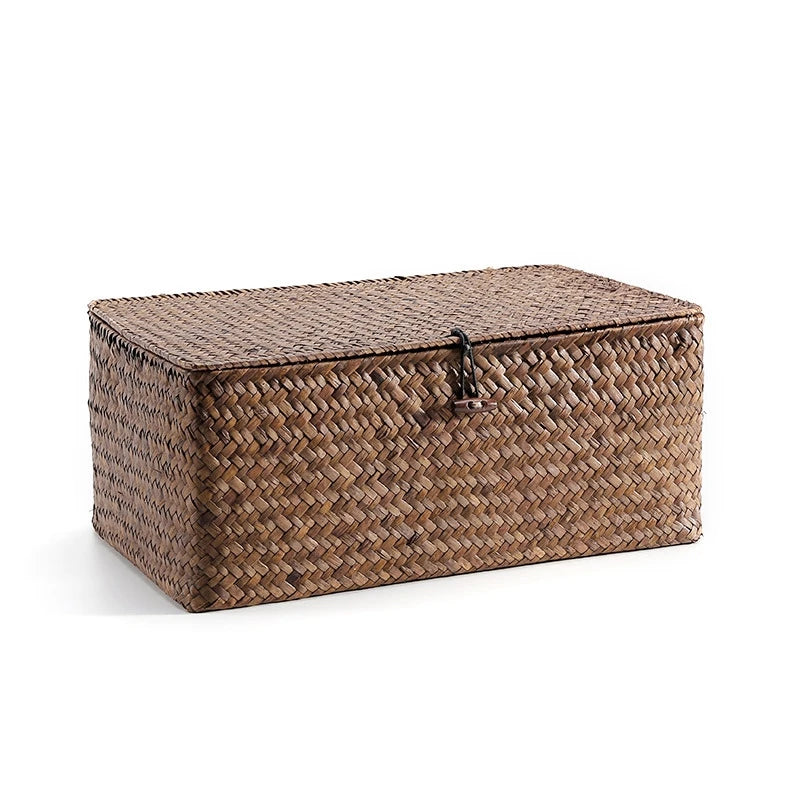 Hand-Woven Seaweed Storage Basket with Lid - Multi-Purpose Sundries Organizer, Cosmetic, Toy, and Clothes Container