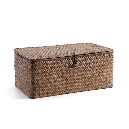Hand-Woven Seaweed Storage Basket with Lid - Multi-Purpose Sundries Organizer, Cosmetic, Toy, and Clothes Container