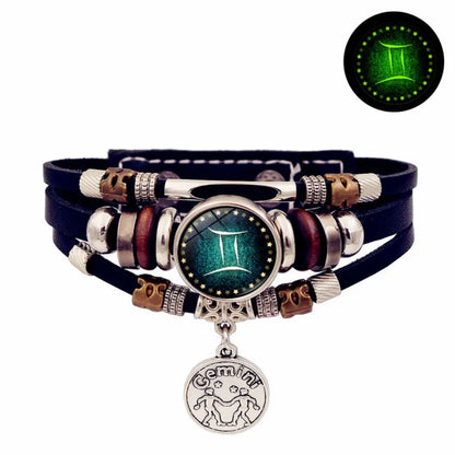 Starry Sky Zodiac Luminous Leather Bracelet - Multi-Layered Beaded Snap Closure for Men & Women, Friendship Bracelet