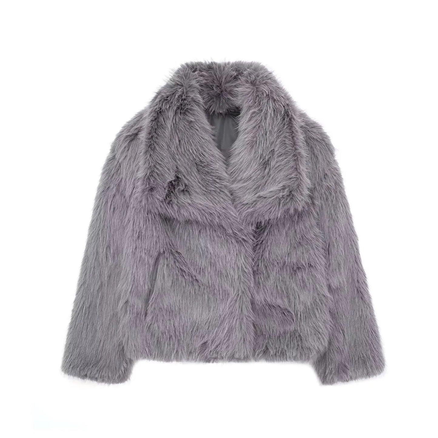 TRAF 2024 Women's Cropped Faux Fur Jacket – Chic Lapel Collar, Long Sleeve, Front Snap-Button Thick Coat