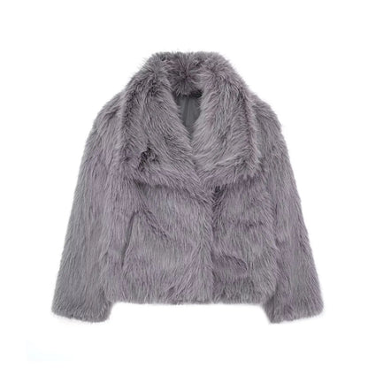 TRAF 2024 Women's Cropped Faux Fur Jacket – Chic Lapel Collar, Long Sleeve, Front Snap-Button Thick Coat