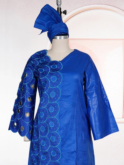 Plus Size African Dashiki Dresses - 2026 Ankara Embroidery Bazin Riche Wedding & Party Dress with Headscarf