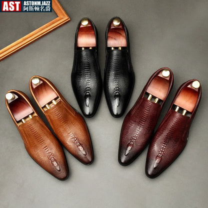 Men’s Genuine Leather Oxford Shoes - Handmade Crocodile Pattern Formal Wedding Business Dress Shoes in Black or Blue
