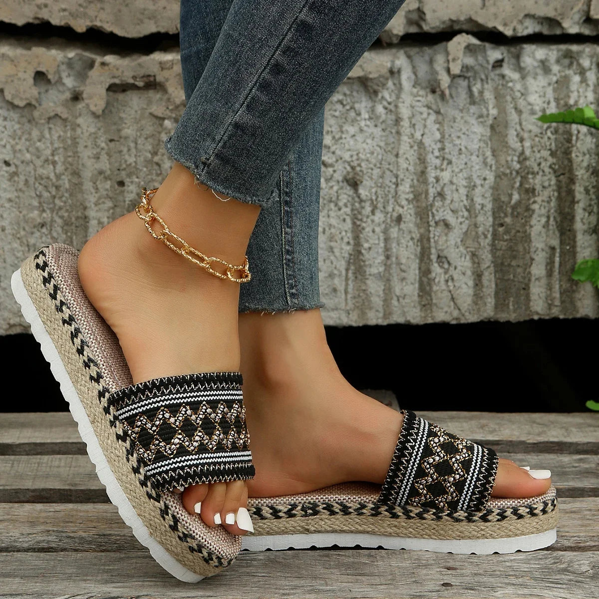 Bohemian Weave Women's Platform Slippers – Handmade Espadrille Sandals, Summer 2023 Beach & Casual Heels