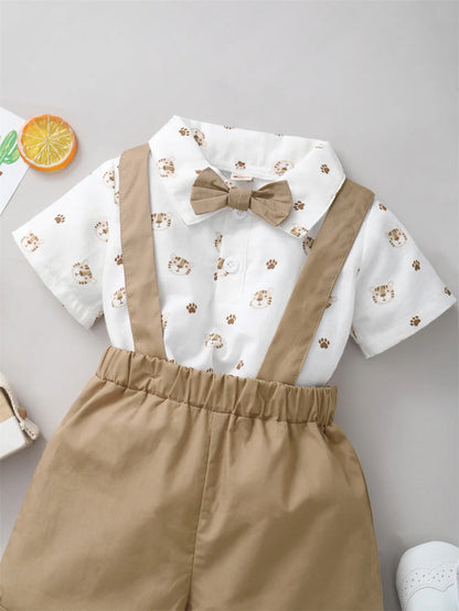 Infant Boy Outfit – Tiger Print Short Sleeve Shirt & Strap Shorts with Bow, Casual Birthday Party Suit (0-2 Years)
