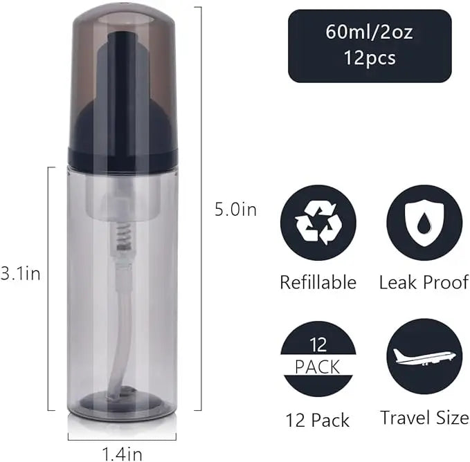 12 Pcs 2oz Empty Foam Pump Bottles - Mini Travel Soap Dispensers for Hand Soap, Lash Cleanser & Shampoo