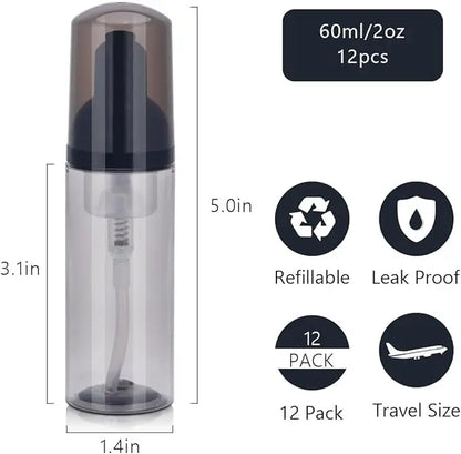 12 Pcs 2oz Empty Foam Pump Bottles - Mini Travel Soap Dispensers for Hand Soap, Lash Cleanser & Shampoo
