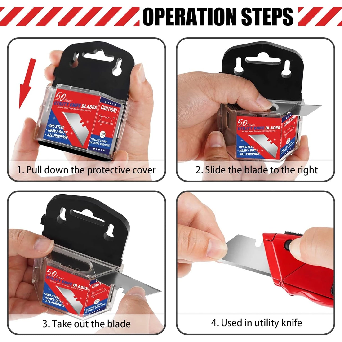 Utility Knife Blades - 50/100/300 PCS SK5 Steel Box Cutting Blades with Distributor, Replacement Blades for Box Cutters