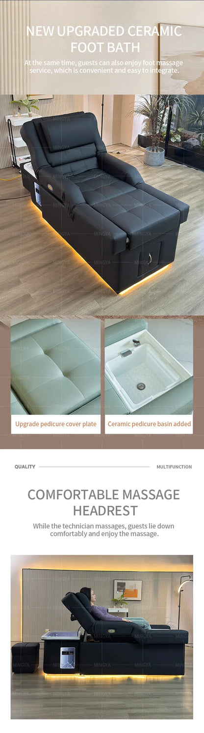 Modern Beauty Salon Shampoo Bed with Back Lift, Massage Headrest & Foot Spa Pedicure Station