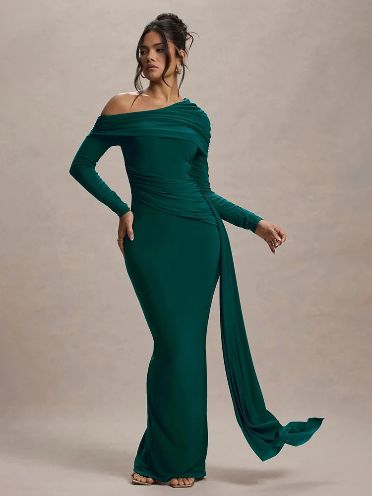 Mozision Women’s Long Sleeve Maxi Dress – Sexy Backless Draped Ruched Bodycon Gown, Skew Collar Elegant Club Dress