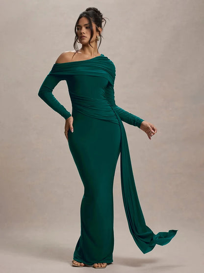 Mozision Women’s Long Sleeve Maxi Dress – Sexy Backless Draped Ruched Bodycon Gown, Skew Collar Elegant Club Dress