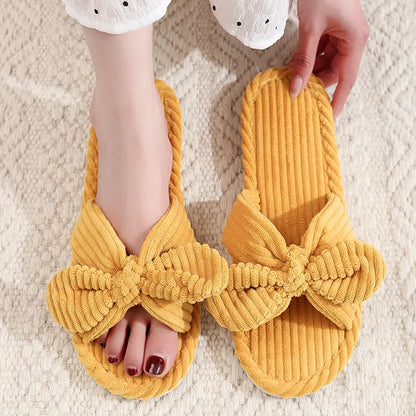 Women’s Corduroy Bow Slippers – Soft Casual Home Shoes, Silent Light EVA Anti-Slip Herringbone Slippers for Autumn & Winter