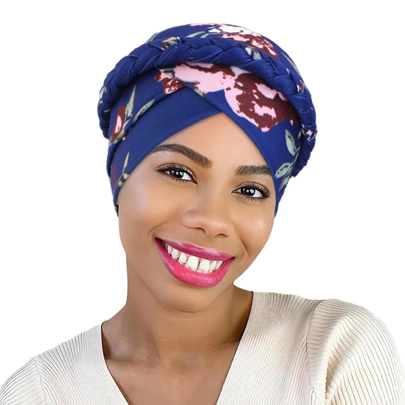 African Print Turban Headband Cap - Twisted Braid Head Wrap with Skullcap Style for Women