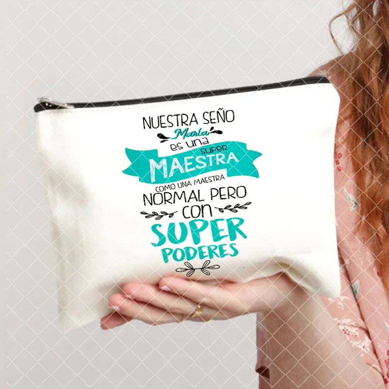 Spanish Printed Teacher Life Makeup Pouch - Pencil Case, School Stationery Storage Bag, Travel Organizer and Gift