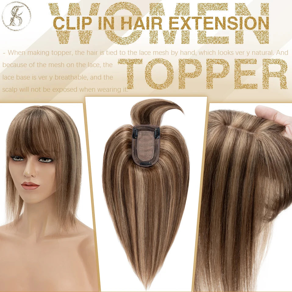 TESS Women Human Hair Topper With Bangs - 7x12.5cm Silk Base Clip In Hair Extension Natural Wigpiece