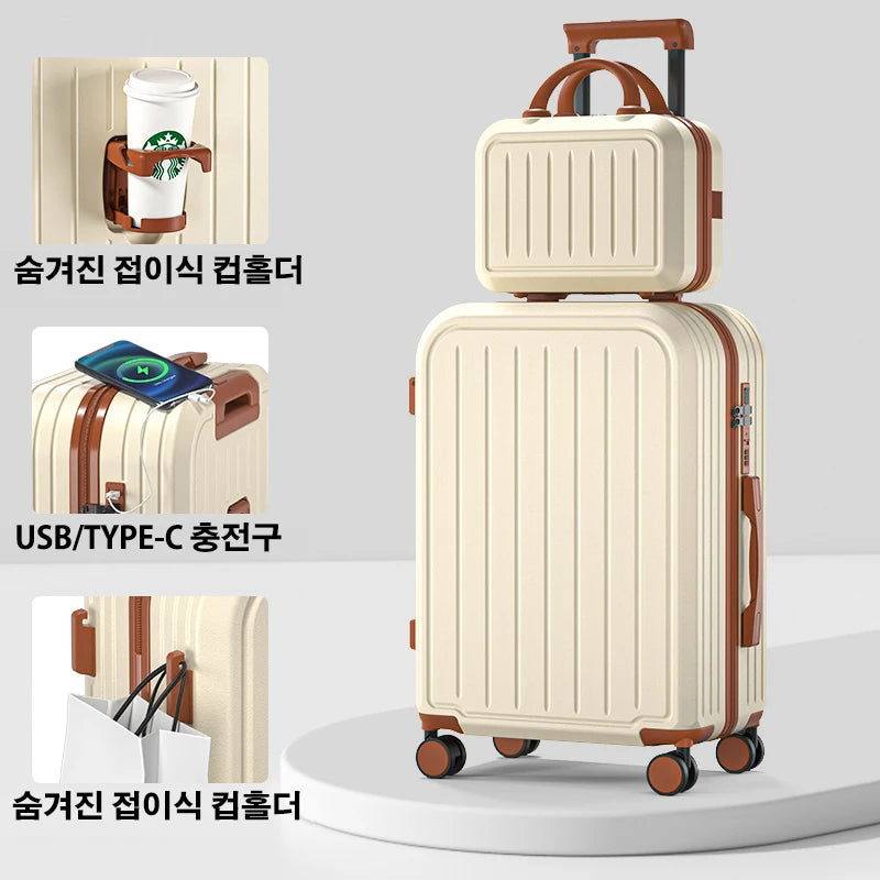 Large Capacity Trolley Suitcase – 20/22/24/26/28" Travel Luggage with Cup Holder for Business & Leisure